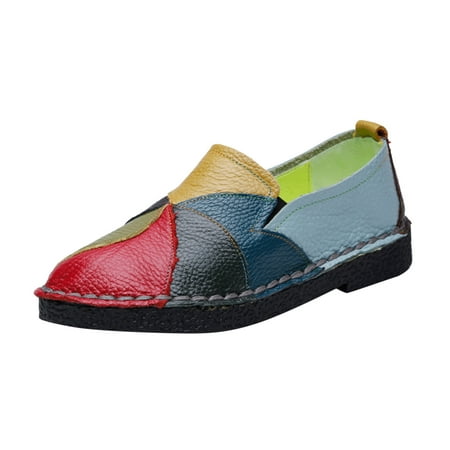 GWAABD Summer Shoes for Women Ladies Fashion Color Blocking Leather Shallow Low Top Comfortable Flat Casual Shoes
