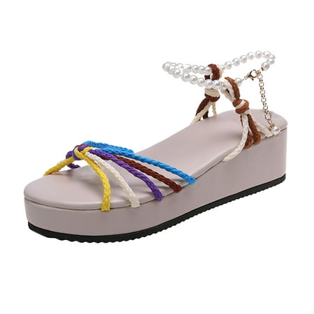 GWAABD Hiking Sandals for Women Ladies Fashion Summer Colorful Braided Strap Pearl Buckle Platform Wedge Sandals