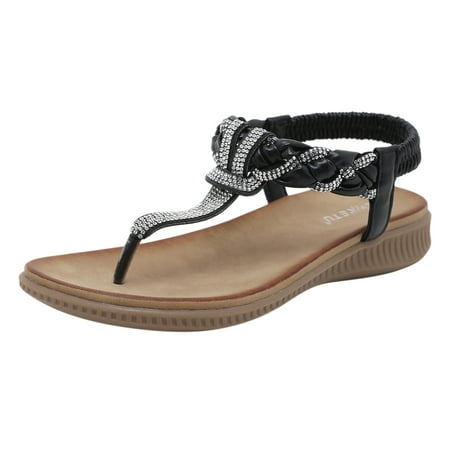 GWAABD Wide Womens Sandals Summer Women Fashion Sandals Beach Retro Rhinestone Summer Pearl Open Toe Casual Comfortable Sandals