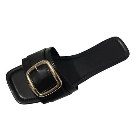 GWAABD Slippers for Women Bulk Ladies Fashion Solid Color Leather Metal Belt Buckle Decorative Open Toe Flat Sandals