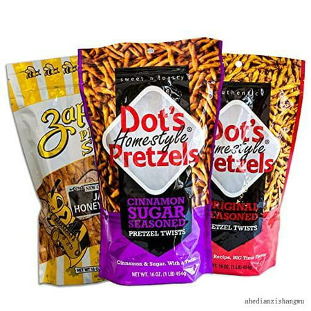 Dot S Cinnamon Sugar Pretzels - Variety Pack - Zapp S Jazzy Honey Mustard Pretzel Stix - Dot S Homemade Original Seasoned Pretzel Stix - 3  16Oz Bags 