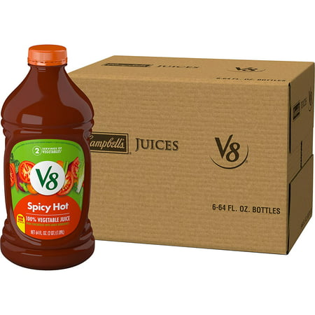 V8 Spicy Hot 100% Vegetable Juice  Vegetable Blend with Tomato Juice  64 FL OZ Bottle (Pack of 6)