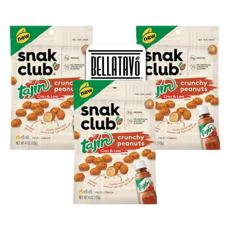 Chili and Lime Crunchy Peanuts Bundle. Includes Three-4 Oz Bags of Snak Club Tajin Crunchy Peanuts and a BELLATAVO Fridge Magnet! Snak Club Tajin Crun