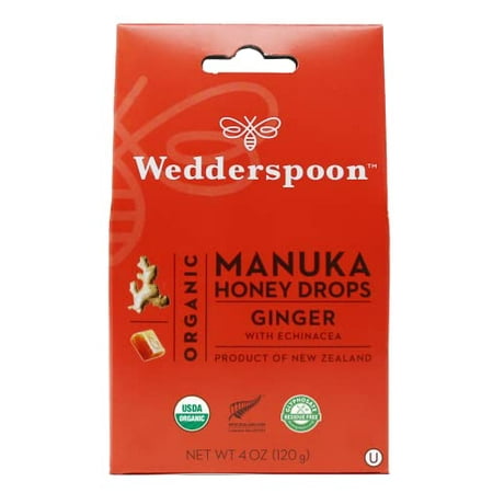 Wedderspoon Organic Manuka Honey Drops  Ginger & Echinacea  20 Count (Pack of 1) | Genuine New Zealand Honey | Perfect Remedy for Dry Throats Ginger w