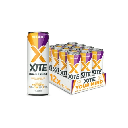 Nootropic Brain Supplements Energy Drinks - XITE Energy - Vegan and Sugar-Free  Peach & Passion Fruit Flavour  12-Pack (12 Fl Oz)