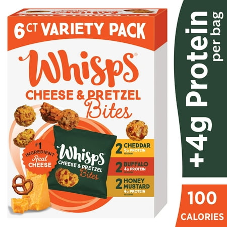 Whisps Cheese & Pretzel Bites Variety Pack  Protein from 100% Cheese Single-Serve 100 Calorie Snack Packs  0.7 Oz  6 Count