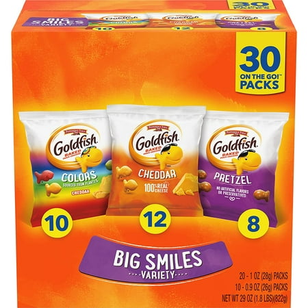 Goldfish Crackers Big Smiles Variety Pack with Cheddar  Colors  and Pretzels  Snack Packs  30 Count (Pack of 1)