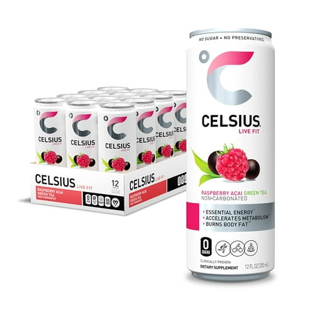 CELSIUS Raspberry Acai Green Tea  Functional Essential Energy Drink 12 Fl Oz (Pack of 12)