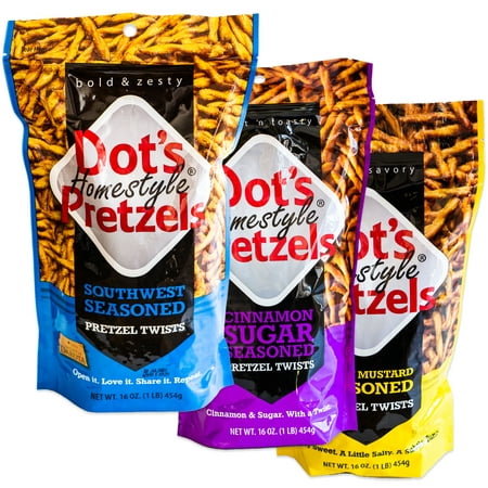 Dot S Cinnamon Sugar Pretzels - Variety Pack - Dot S Southwest Flavored Sticks - Dot S Honey Mustard - 3  16oz Packs