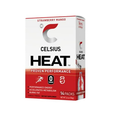 CELSIUS HEAT on-the-Go Performance Energy Powder Stick Packets  Strawberry Mango (Pack of 14)