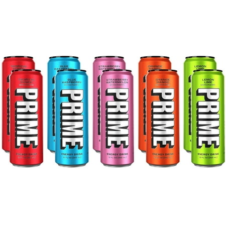 NEW Prime Hydration Drink Energy Cans 5 Flavor Variety Sampler Pack! - 200mg Caffeine  Zero Sugar  300mg Electrolytes  Vegan - (12 Fl Oz Cans) - (10-P