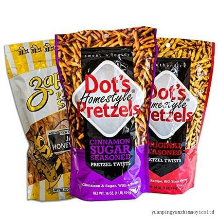 Dot S Cinnamon Sugar Pretzels - Variety Pack - Zapp S Jazzy Honey Mustard Pretzel Stix - Dot S Homemade Original Seasoned Pretzel Stix - 3  16Oz Bags 