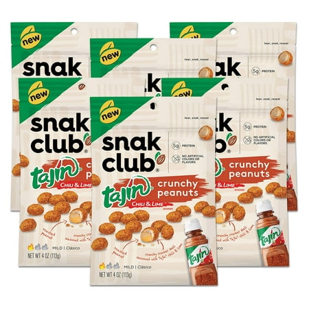 Snak Club Tajin Crunchy Peanuts  Mild Chili & Lime Flavor  Zesty Spicy Snacks  4oz Bag (Pack of 6)