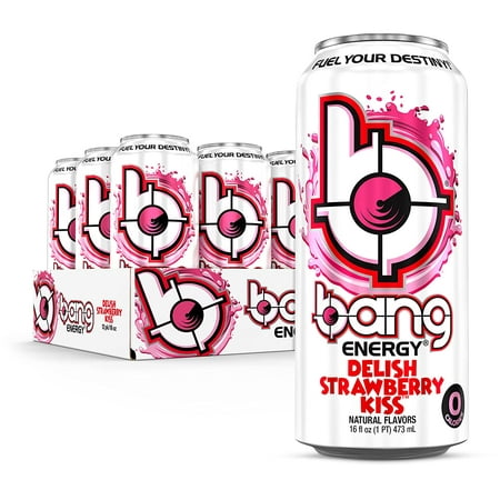 BANGs | Sparkling Energy Drink - with Creatine  Aminos  CoQ10; Zero Calories  Sugar Free  Vegan  Gluten Free; 16oz Can | Delish Strawberry Kiss  (12) 