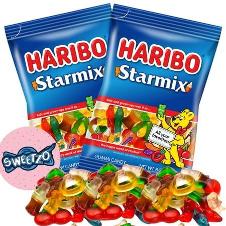 Haribo Gummi Starmix Gummi Candies  Cherry  Cola  Ring  Goldbears  and Twin Snakes Shaped Gummies  on the Go Fruit Snacks Shareable Bags  Pack of 2  8