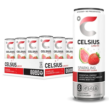 CELSIUS Sparkling Strawberry Guava Fitness Drink  Zero Sugar  12oz. Slim Can (Pack of 12)
