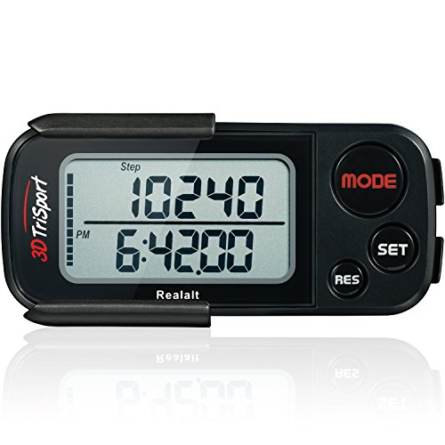3DTriSport Walking 3D Pedometer with Clip and Strap, Free EBook | 30 Days Memory, Accurate Step Counter, Walking Distance Miles/Km, Calorie Counter, D