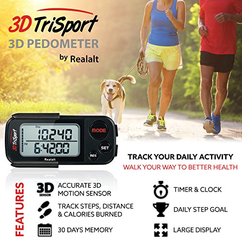 3DTriSport Walking 3D Pedometer with Clip and Strap, Free EBook | 30 Days Memory, Accurate Step Counter, Walking Distance Miles/Km, Calorie Counter, D thumbnail