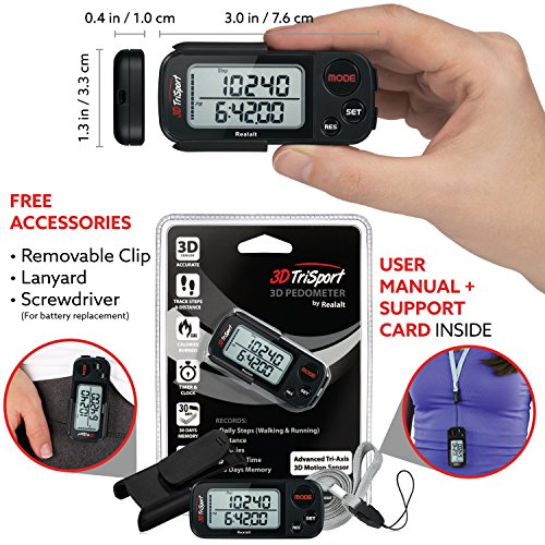 3DTriSport Walking 3D Pedometer with Clip and Strap, Free EBook | 30 Days Memory, Accurate Step Counter, Walking Distance Miles/Km, Calorie Counter, D thumbnail
