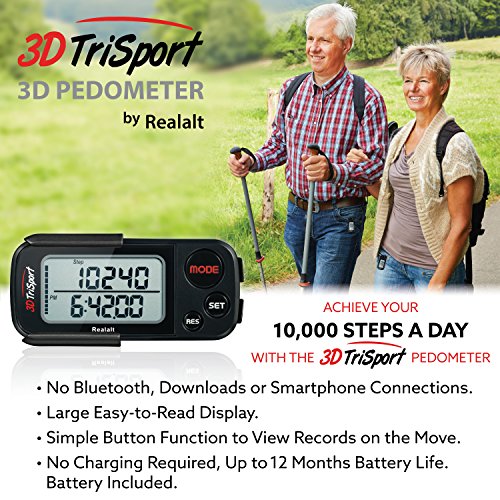 3DTriSport Walking 3D Pedometer with Clip and Strap, Free EBook | 30 Days Memory, Accurate Step Counter, Walking Distance Miles/Km, Calorie Counter, D thumbnail