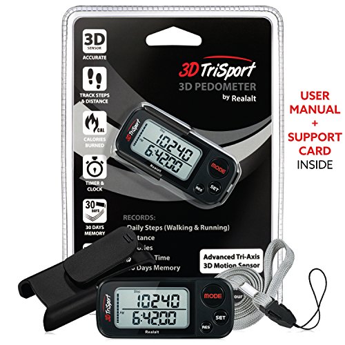 3DTriSport Walking 3D Pedometer with Clip and Strap, Free EBook | 30 Days Memory, Accurate Step Counter, Walking Distance Miles/Km, Calorie Counter, D thumbnail