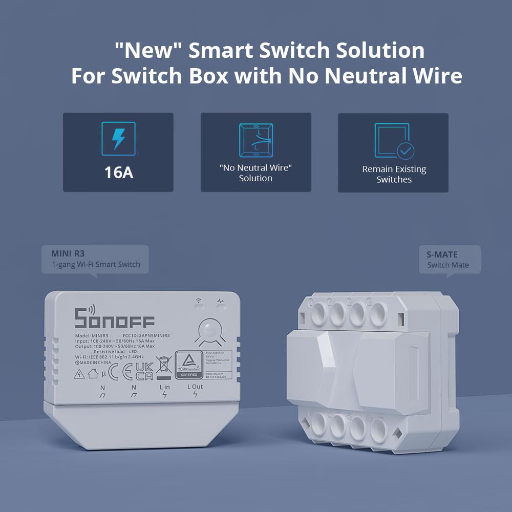 SONOFF MINI R3 Smart Switch 16A WiFi Switch EWeLink-Remote Control DIY Switch No Neutral Wire Required Work with S-MATE Switch Mate