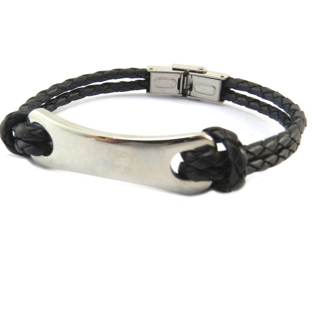 Les Trésors De Lily [I6249] - Bracelet Acier Cuir 'Identité' Noir Argenté - 45x12 Mm