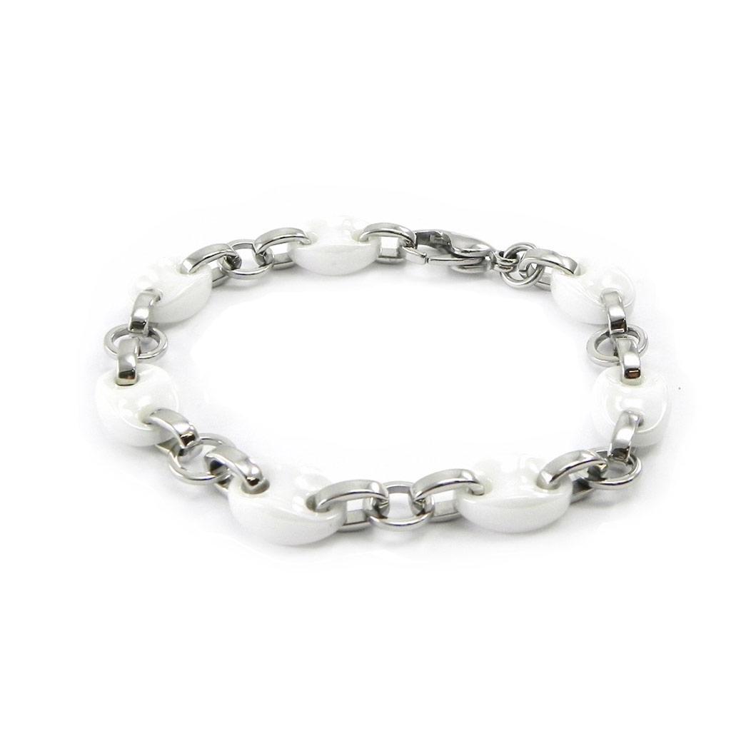 Les Trésors De Lily [I4722] - Bracelet Acier Céramique 'Grain De Café' Blanc Argenté - 19 Cm 15x10 Mm