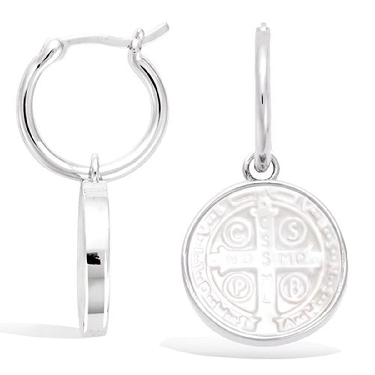 Les Trésors De Lily [R5674] - Créoles Argent 'Croix De Saint-Benoit' Nacre Argenté (rhodié) - 14 Mm 15 Mm
