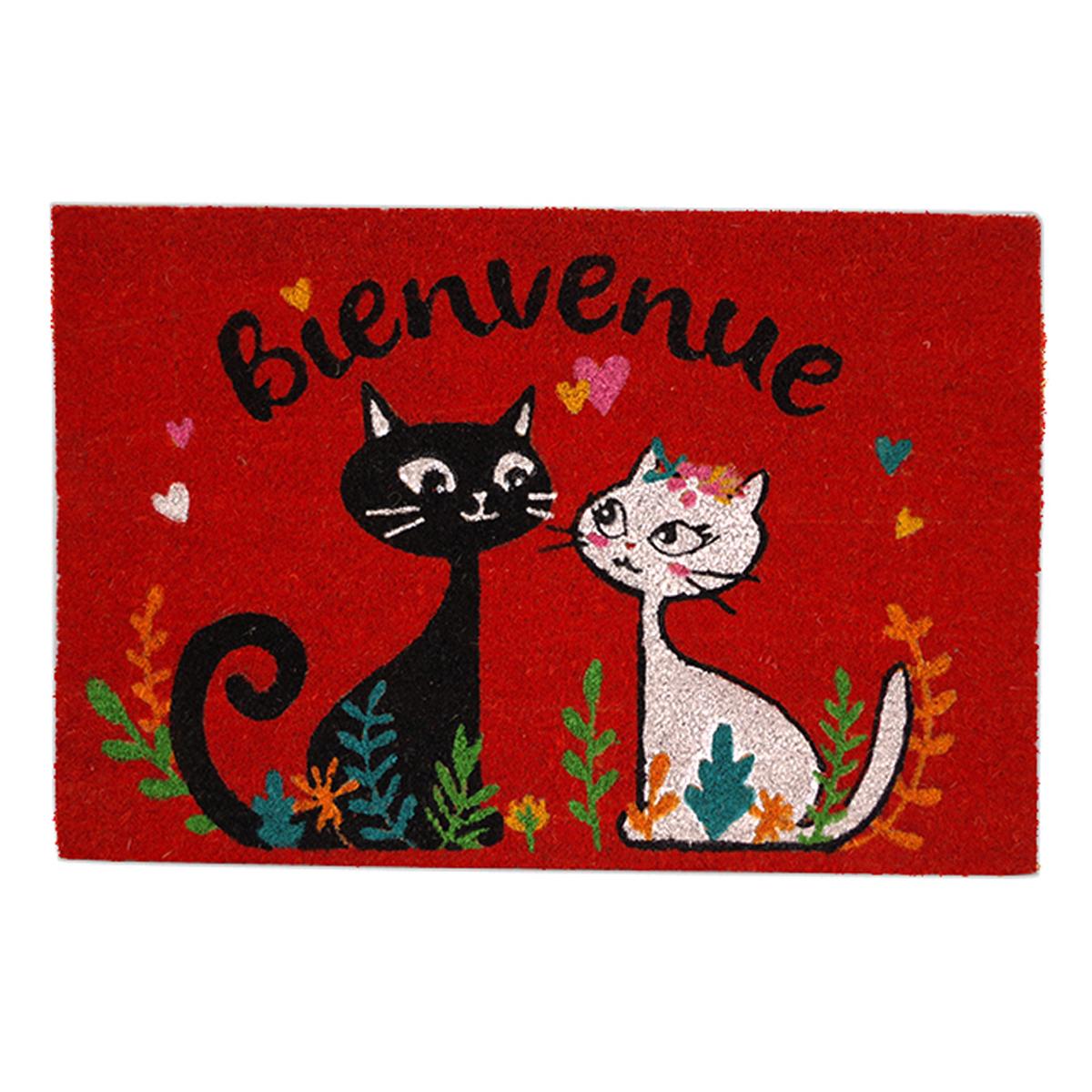 Les Trésors De Lily [R6781] - Paillasson Paille 'Chats' Rouge - 60x40 Cm (Bienvenue)