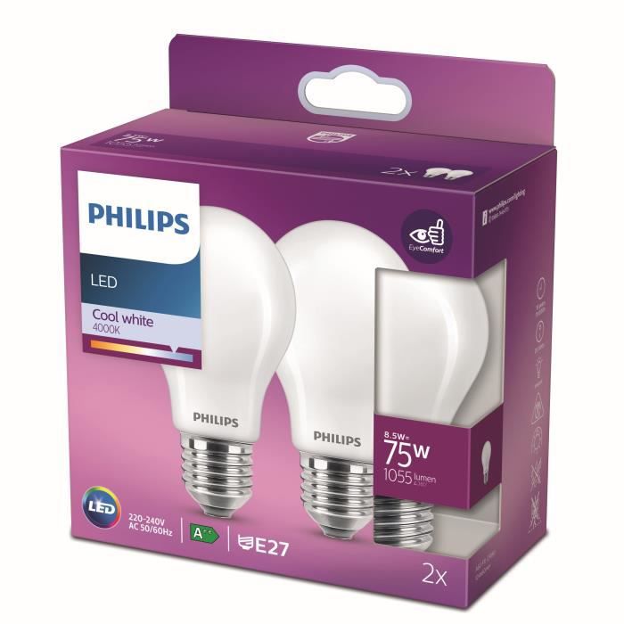 Philips LED Classic A60 Frosted Light Bulb 2 Pack [E27 Edison Screw] 8.5W - 75W Equivalent , Cool White 4000K, Non Dimmable