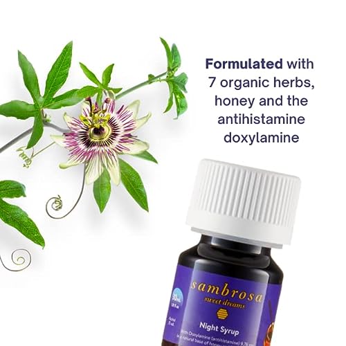 Sambrosa Sweet Dreams Night Syrup - Non Habit Forming Syrup for Better Sleep - Doxylamine in Natural Base of Honey and 7 Organic Herbs - 100 Doses per thumbnail