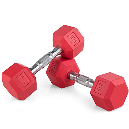 Portzon Unisex-Youth 05-Pound, Pair 8 Colors Options Compatible with Set of 2 Rubber Weights Dumbbell, 5-50 LB, Slip, Anti-roll, Hex Shape, Red, Stand