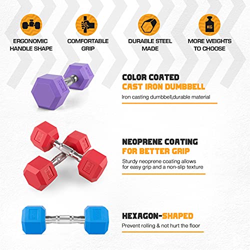 Portzon Unisex-Youth 05-Pound, Pair 8 Colors Options Compatible with Set of 2 Rubber Weights Dumbbell, 5-50 LB, Slip, Anti-roll, Hex Shape, Red, Stand thumbnail