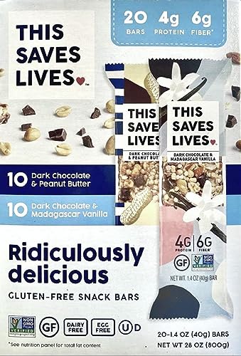 This Saves Lives Variety Pack Gluten-Free Snack Bars  20 Count (10-Dark Chocolate & Peanut Butter & 10-Dark Chocolate & Madagascar Vanilla)  Net Wt 28