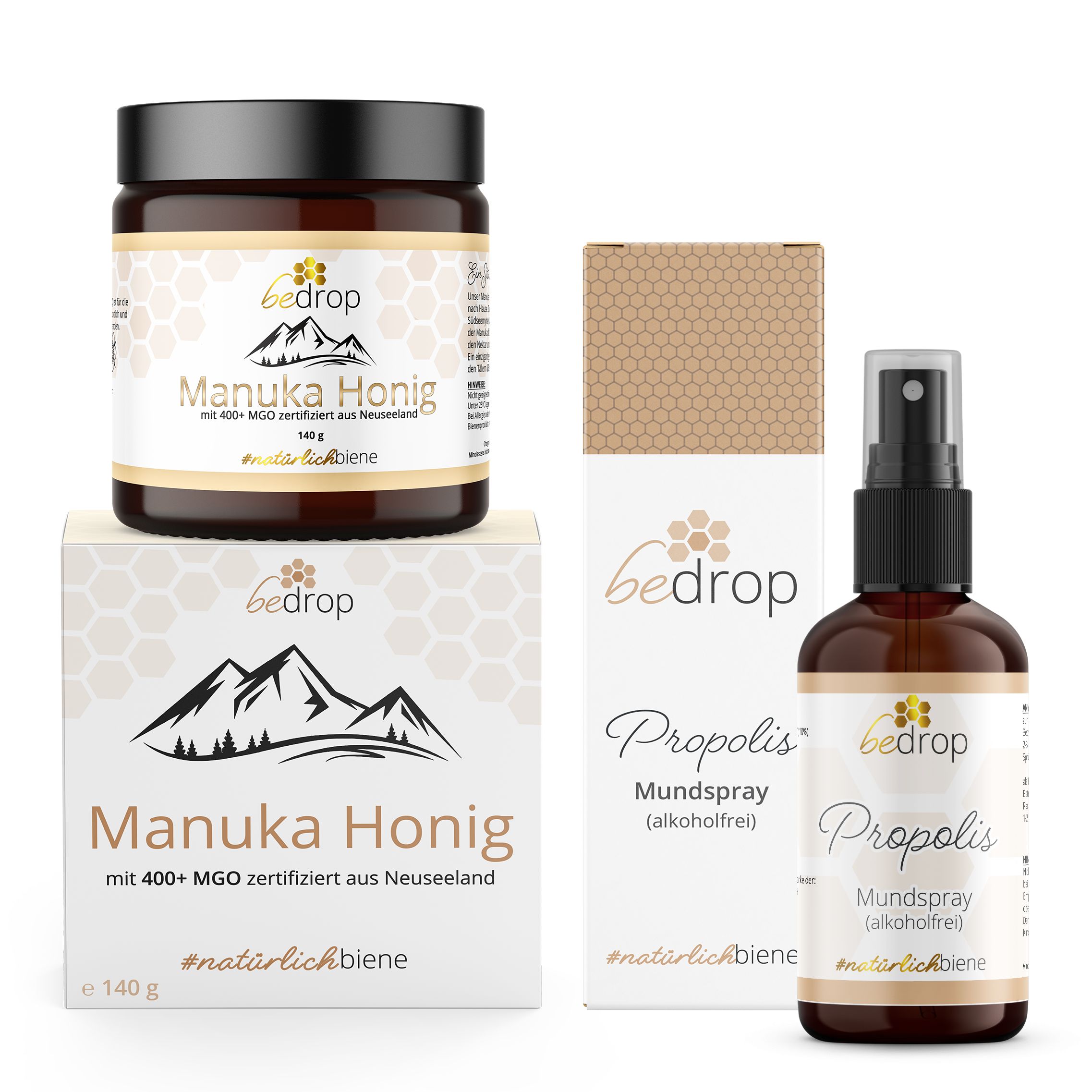 Bedrop: Tier Set | Propolis Spray (alkoholfrei) & Manuka Honig MGO 400+