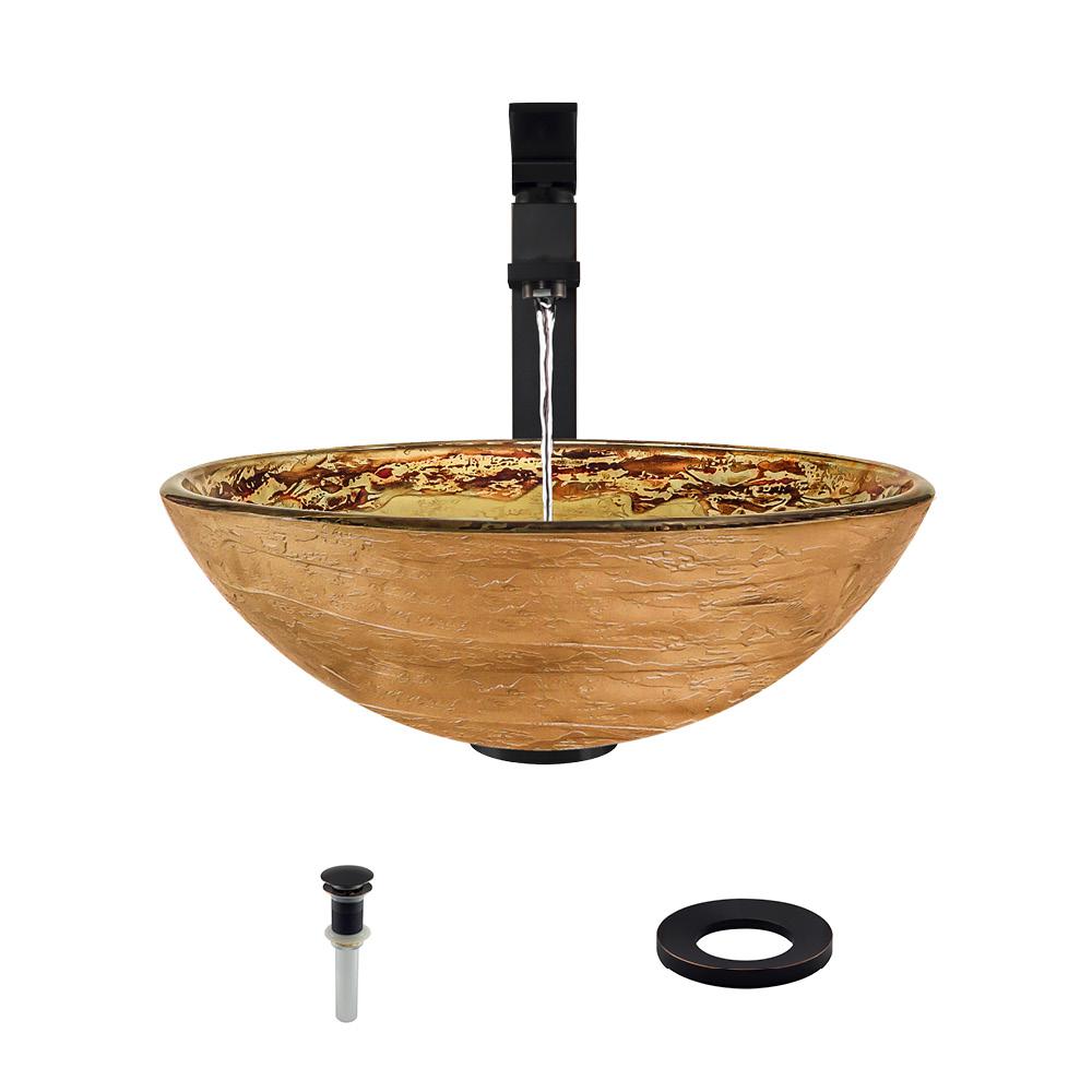 631 Foil Glass Sink, Antique Bronze Faucet, Sink Ring, Pop-up Drain