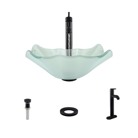 611 Frosted Glass Sink, Antique Bronze Faucet, Sink Ring, Pop-up Drain