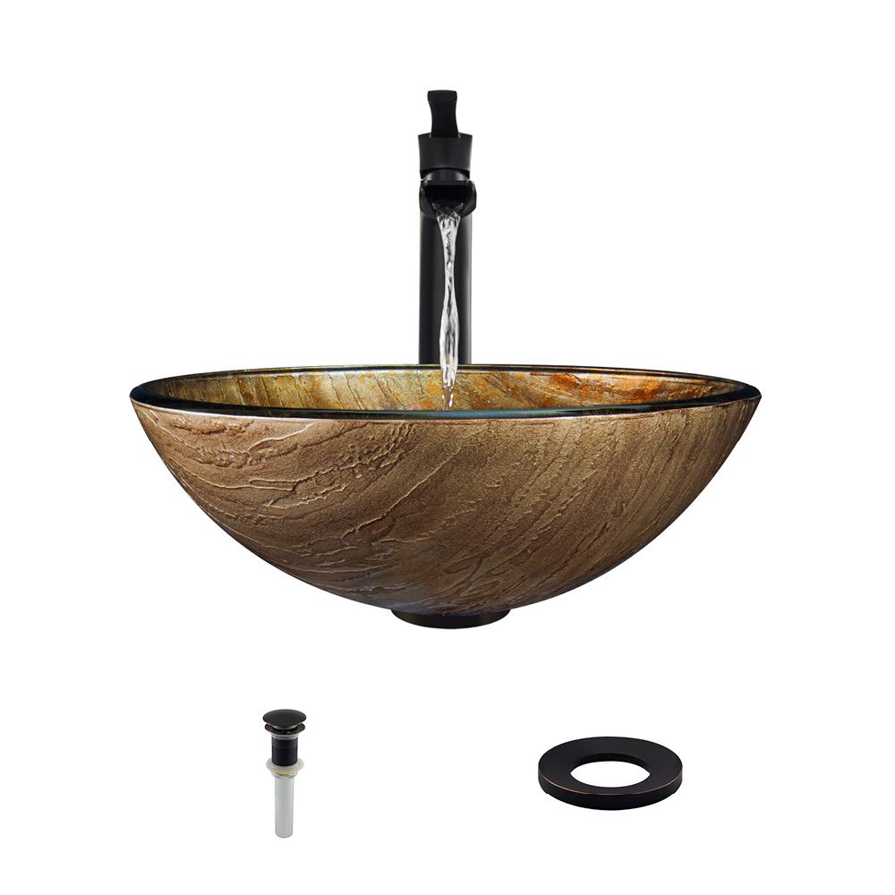 632 Glass Sink, with Antique Bronze Faucet, Sink Ring, Pop-up Drain