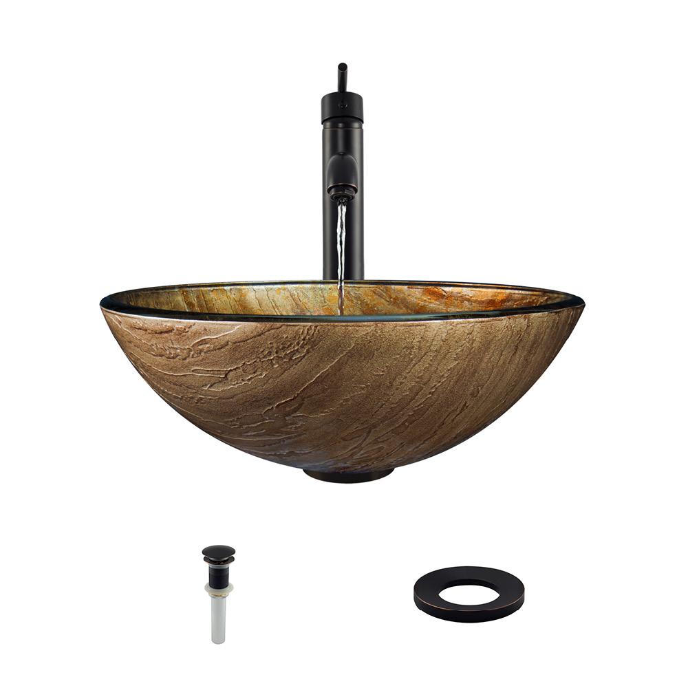 632 Glass Sink, with Antique Bronze Faucet, Sink Ring, Pop-up Drain