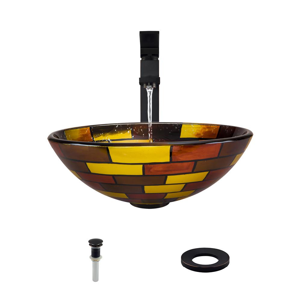 621 Stained Glass Sink, Antique Bronze Faucet, Sink Ring, Pop-up Drain