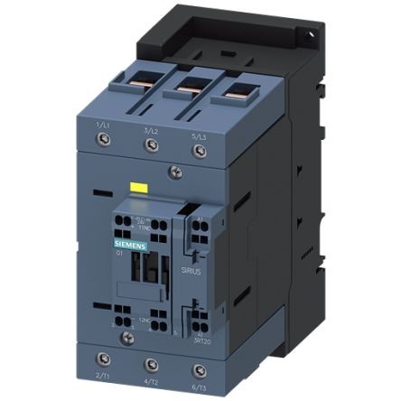 Siemens 3RT2 Contactor, 175 V Ac/dc, 280 V Ac/dc Coil, 3-Pole, 110 a, 55 KW 280 V Ac/dc, 1 NC, 400V