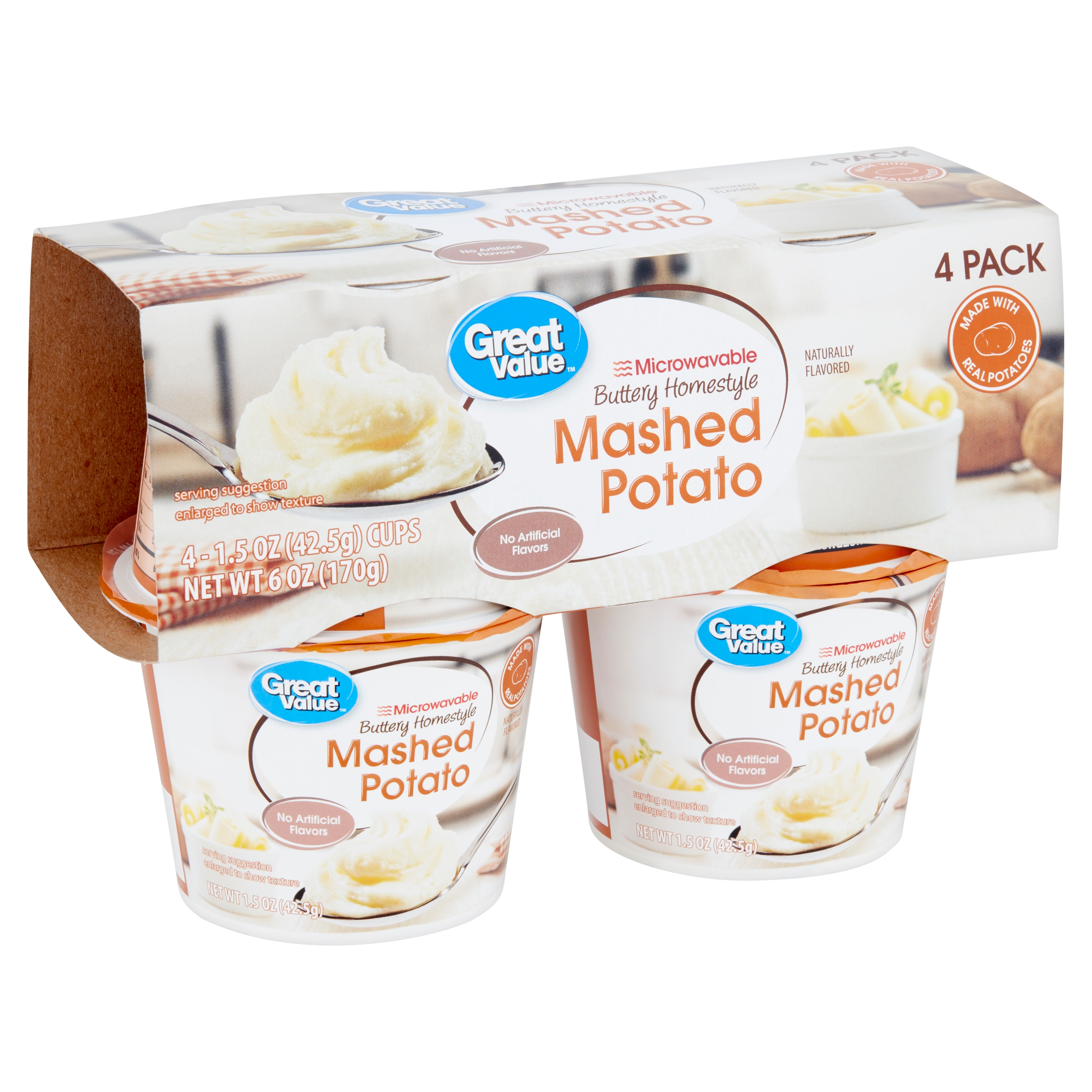 Great Value Microwavable Buttery Flavored Mashed Potato 1.5 Oz 4 Count