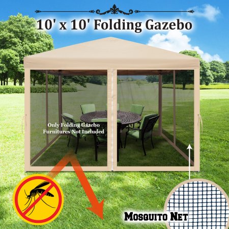Strong Camel Easy Pop up Canopy Tent 10-Feet X 10-Feet Gazebo with Mesh Side Walls Screen House-Beige