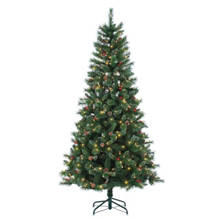 5954--75C 7.5 Ft. Hard & Mixed Needle Gold Glitter Briarwood Pine Christmas Tree with Pine Cones, Red Berries & 500 Clear Lights, Green