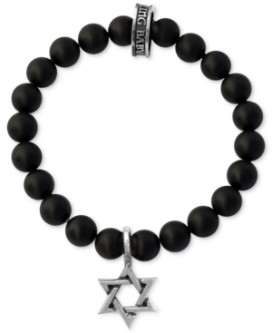 King Baby Men's Black Onyx Beaded Star Charm Stretch Bracelet in Sterling Silver