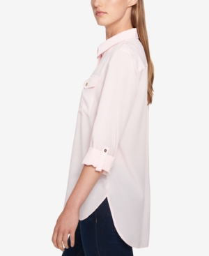 TOMMY HILFIGER $69 Womens New 1650 Pink Sheer Cuffed Button up Top M B+B