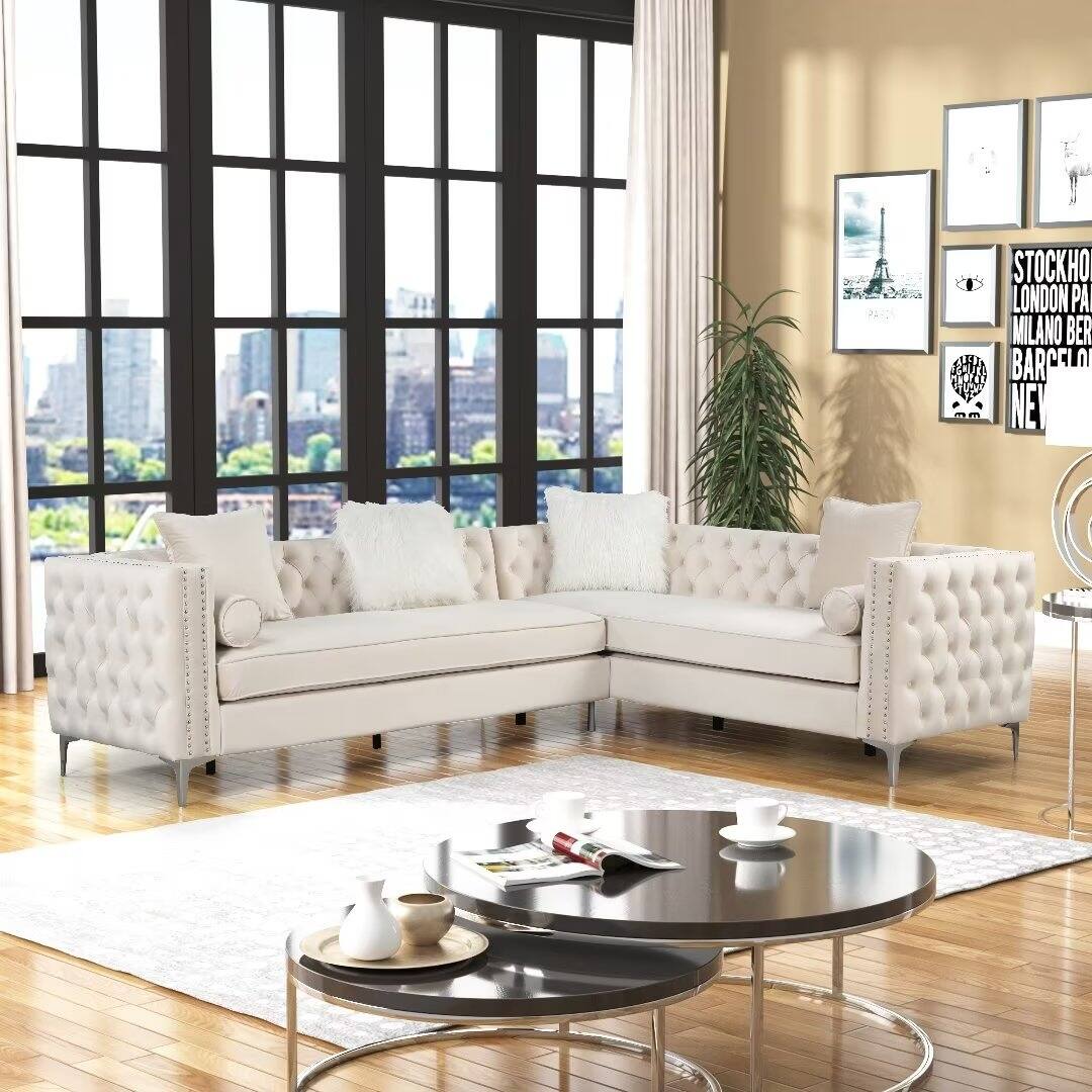 Morden Fort Sectional Sofa Velvet Couch for Living Room Beige