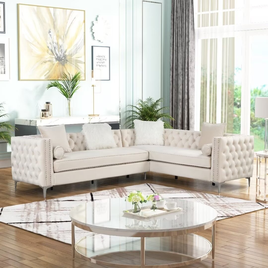 Morden Fort Sectional Sofa Velvet Couch for Living Room Beige thumbnail