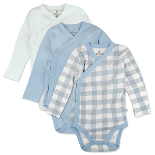 HonestBaby 3-Pack Long Sleeve Side-Snap Kimono Bodysuits Organic Cotton for Infant Baby Boys  Girls  Unisex  Blue Painted Buffalo Check  6-9 Months